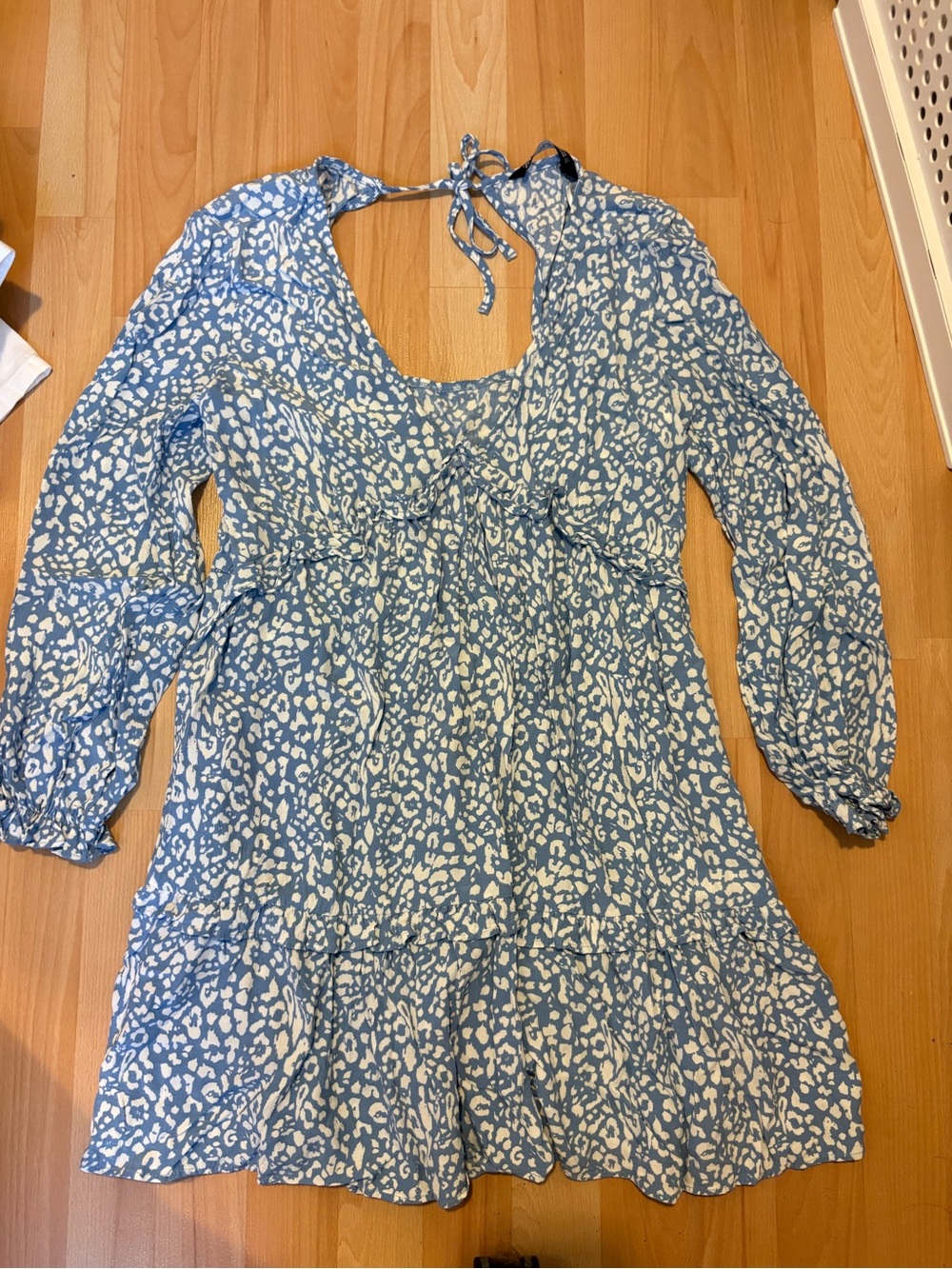 Zara Blue and White Printed Long-Sleeve Tie-Back Dress